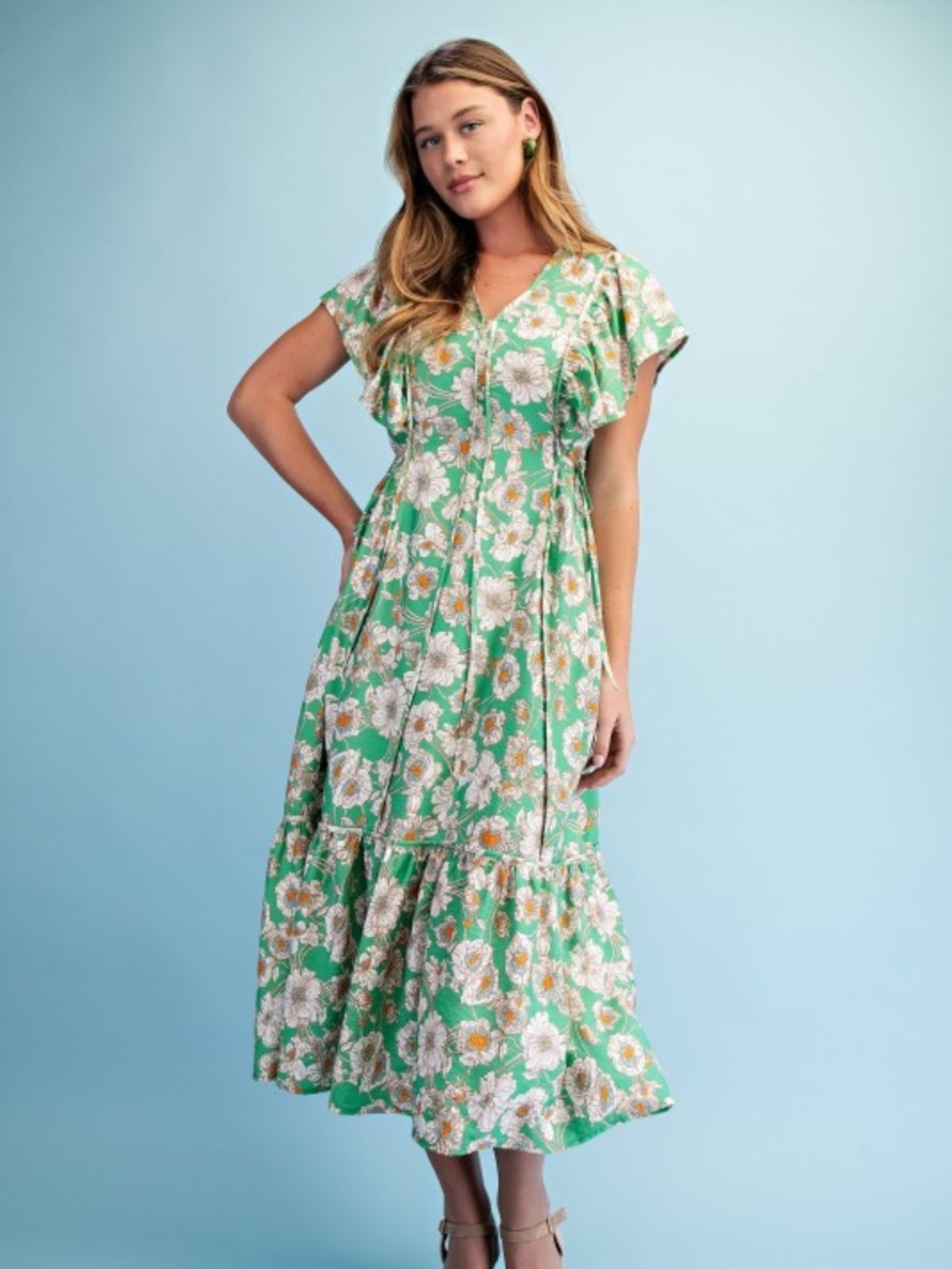 Vibrant Floral Print V-neck Midi Dress